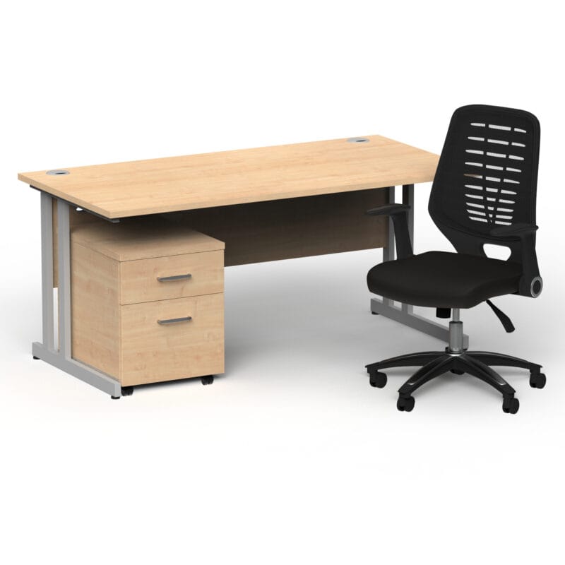 Impulse 1600mm Cantilever Straight Desk With Mobile Pedestal and Relay Black Back Operator Chair - Image 3